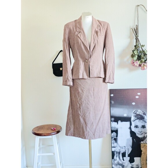 vintage Dresses & Skirts - Ballen Design Vintage 1970s 70s Tan 2 Piece Skirt Suit Blazer Set Office Career